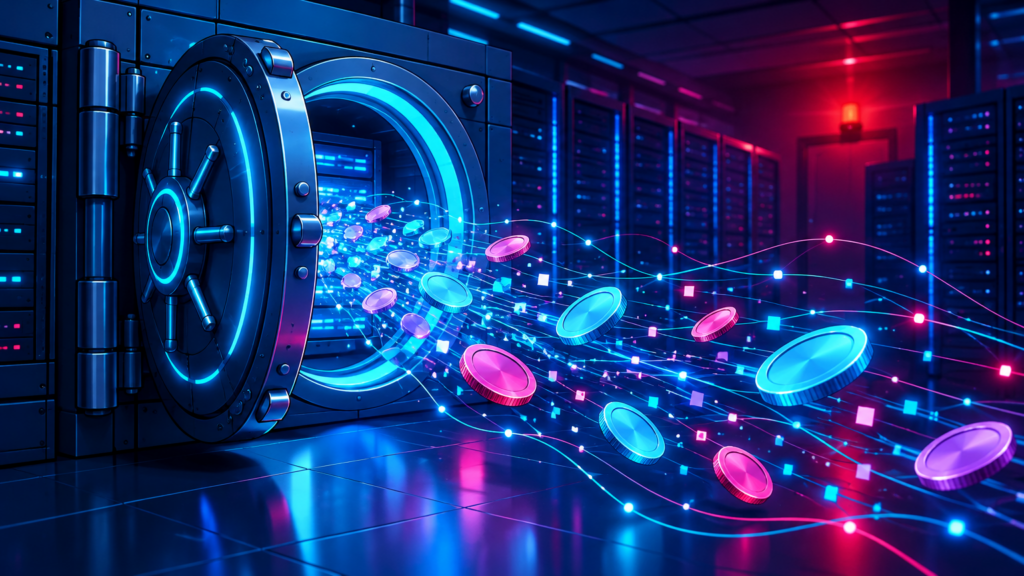 Attacco hacker Binance: illustrazione di un caveau digitale aperto da cui escono monete luminose